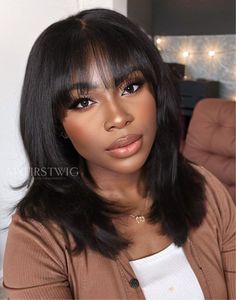 Bangs With Layers Glueless Human Hair Invisible Lace Front Wigs - ANI8008 Layers Straight, Hair Length Guide, Bangs With Layers, Color Natural Hair, Straight Wig With Bangs, 16 Inch Hair, Cherry Hair Colors, Invisible Lace, Short Straight Hair