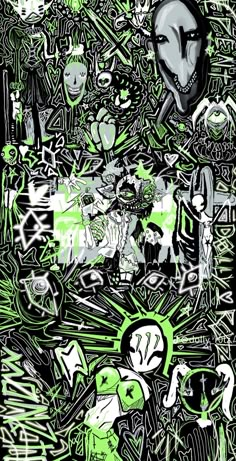 an abstract painting with green and black paint on it's face, surrounded by other images