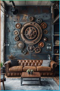 a living room filled with furniture and lots of gears on the wall above it's head