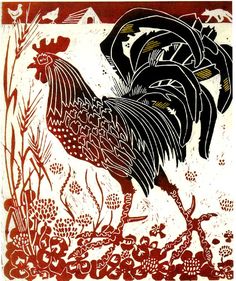 a red and white drawing of a rooster standing in the middle of some grass with flowers