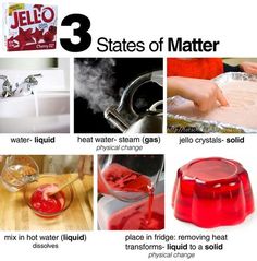 the steps to making jello shots in 3 states of matter, including mixing liquid and mixing