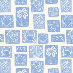 a blue and white wallpaper with different types of sea life on it's sides