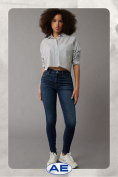 Next Level Stretch/Our softest, stretchiest, never-loses-its-shape denim/Won't bag out. Ever./Dark wash Everyday High Rise Dark Wash Jeggings, High Rise Dark Wash Jeggings For Everyday, Everyday High Waist Medium Wash Jeggings, High Rise Bottoms For Everyday, Mid-rise Bottoms For Everyday Use In Fall, High Rise Jeans For Everyday Use, Next Level, Jeggings, American Eagle Outfitters