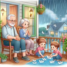 an elderly man and two young children playing with paper boats on the porch in the rain