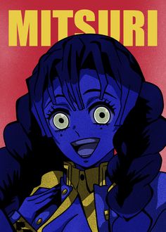 a cartoon character with blue hair and big eyes, wearing a yellow shirt that says mitsuri