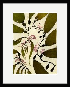 an abstract painting with leaves and flowers in black frame on white background, framed art print