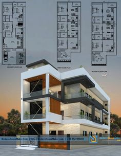 an architectural rendering of a modern building with multiple floors and balconies on the second floor