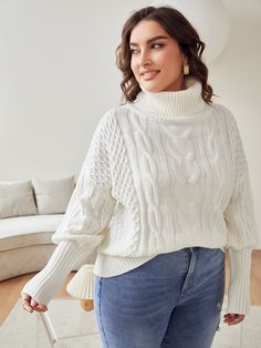 Beige Casual  Long Sleeve Acrylic Plain Pullovers Embellished Slight Stretch Spring/Fall Plus Size Knitwear Plus Size Turtleneck, Cable Sweaters, Plus Size Knitwear, Sweater Plus Size, Sweater Plus, Fall Plus Size, Drop Shoulder Sweater, Drop Shoulder Sweaters, Cable Sweater