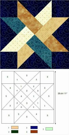 an image of a quilt block with different colors and patterns on the front, side and back