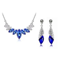 Austrian Marquise Crystal Necklace & Earrings Fashion Wedding Jewelry Set-Jewelry Sets-Innovato Design-Dark Blue-Innovato Design Colorful Crystals, Wood Inlay Rings, Rhinestone Jewelry Set, Crystal Angel, Crystal Angels, Drop Pendant Necklace, White Crystals, Name Jewelry, Angel Eyes