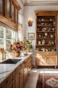 a kitchen filled with lots of wooden cabinets and counter top space next to a window