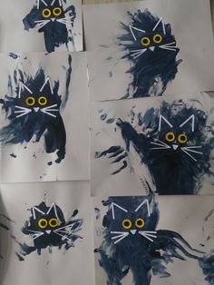 four pictures of black cats with yellow eyes and one cat's face painted on them