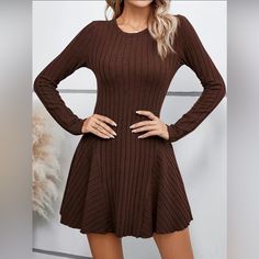 New Boutique Item Chocolate Brown Ribbed Long Sleeve Skater Flare Dress This Chocolate Brown Ribbed Long Sleeve Skater Flare Dress Is The Perfect Choice For The Fall Season! Crafted From Lightweight Ribbed Fabric, This Comfy Dress Is Sure To Keep You Cozy And Trendy All Day Long. 95% Polyester 5% Elastane Brown Ribbed Mini Dress, Comfy Dress, Comfy Dresses, Brown Dress, Ribbed Fabric, Dark Academia, Fall Season, Chocolate Brown, Flare Dress