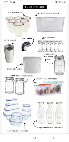 an image of kitchen items labeled in the words food storage and instructions for storing them