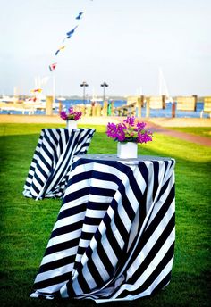 black and white striped table cloth with purple flowers in vase on grassy area next to water