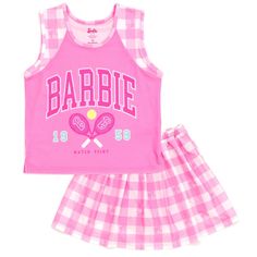 Get ready for an adventure in the Dreamhouse and embrace Barbie's amazing sense of style with this cute, comfy and stylish Barbie outfit! This fashionable sleeveless shirt and pleated skort set features a cute pink and white checkered print tennis skirt, convenient pockets on the shorts that can hold a phone, and a fun tennis themed design that your Barbie fan will love to wear! Made of a soft 4-way stretch fabric for all day comfort, this cool Barbie set is perfect for athletic sports, a party Sleeveless School Sets For Spring, Preppy Cotton School Sets, Preppy School Sets For Spring, Cute Sleeveless School Sets, Pink Sleeveless School Top, Sleeveless Pink School Top, Sleeveless Pink Top For School, Pink And White Checkered