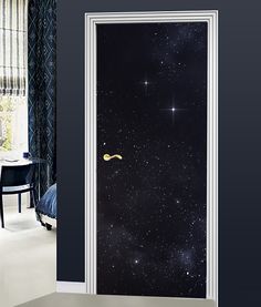 an open door to a bedroom with stars in the sky