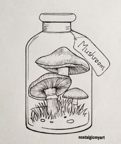 a drawing of mushrooms in a glass bottle with a tag on it's side