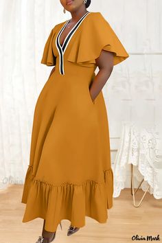 Olivia Mark - Urban Chic Patchwork V-Neck A-Line Dress with Pocket Detailing Orange V-neck Midi Dress For Work, V-neck Maxi Dress With Pockets For Work, Long One Piece, Solid Color Dresses, Color Dresses, Summer Plus Size, Ankara Dress, Classy Dress Outfits, African Design Dresses