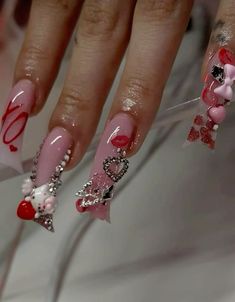 Pretty Duck Nails, Valentines Duck Nails, Y2k Nails Duck, Pink Glam Nails, Y2k Duck Nails, Extendo Nails, Red Bottoms Heels, Nostalgic Movies, French Tip Acrylics