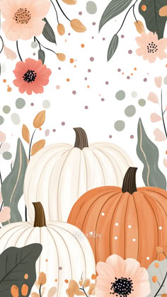 pumpkins and flowers on a white background with polka dot dots in the sky above them