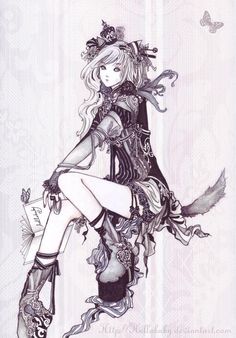 a drawing of a woman with long hair and boots sitting on top of a chair