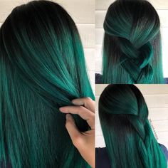 Teal Hair With Dark Roots, Green Bayalage Hair Brunettes, Dual Colored Hair, Dark Vibrant Hair, Yea Hairstyles, Emerald Hair Color, Deep Green Hair, Hunter Green Hair, Hair Color Green