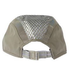 a tan hat with silver mesh on the front and back side, sitting against a white background