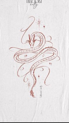 a drawing of a snake on paper with stars in the back ground and red ink