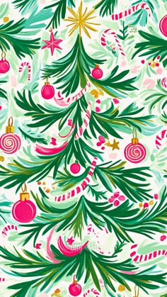 a christmas tree with ornaments and candy canes on it's branches in pink, green