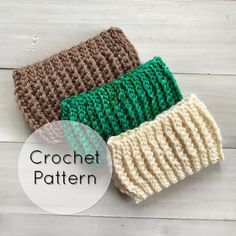 three crocheted dishcloths sitting on top of a white wooden floor next to each other