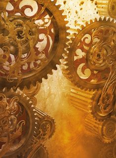 an abstract image of gears in gold and red