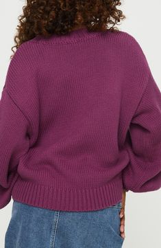 Dropped shoulders and balloon sleeves play up the casual ease of a cozy cotton-blend sweater that's sure to be a weekend favorite. Crewneck Long sleeves Ribbed cuffs and hem 60% cotton, 40% acrylic Hand wash, dry flat Imported Dark Purple Sweater, Balloon Sleeve Sweater, Purple Fits, Nordstrom Store, Balloon Sleeves, Sweater Sleeves, Princess Polly, Sleeve Sweater, Drop Shoulder