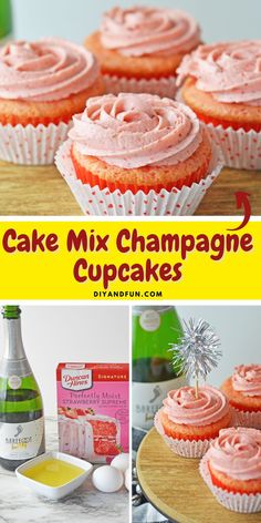 Cake Mix Champagne Cupcakes Champagne Cupcake Recipes, Pink Champagne Cupcakes, Adorable Cupcakes, Valentines Recipes Desserts, Champagne Cupcakes, Easy Cupcake Recipes, Easy Dessert Recipes, Dessert Simple, Low Carb Cheesecake