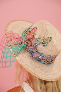 THE MARIPOSA SUN HAT Sun hat Judith March Garden Party Outfit, Gold Straws, Net Design, Baseball Trucker Hat, Bride Accessories, Usa Dresses, Swimsuit Cover Ups, Vibrant Blue, Custom Hats