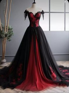 Black Red Gothic Wedding Dresses A Line Off Shoulder Lace Appliques Bridal Gowns | eBay Elegant Red Tulle Gown, Red Fitted Gown For Debutante Ball, Fitted Red Gown For Debutante Ball, Halloween Prom Tulle Dress, Formal Red Tulle Ball Gown, Red Tulle Ball Gown For Formal Occasions, Red Tulle Ball Gown For Formal Events, Red Fitted Tulle Evening Dress, Red Tulle Evening Dress With Sweetheart Neckline