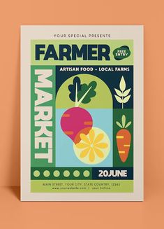 a poster advertising farmers market on an orange background