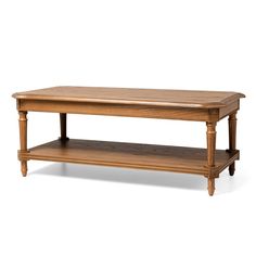 a wooden coffee table with two shelves on each side and one shelf below the top