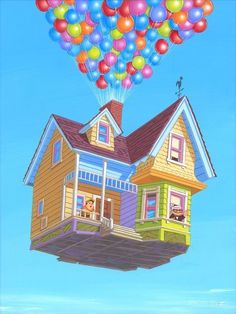 a painting of a house with balloons floating over it