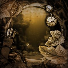 an artistic photo with leaves and clocks in the middle, surrounded by other items that are on display