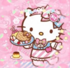 a hello kitty holding a waffle cake