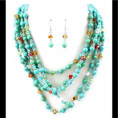 18 Inches Long Necklace And Earring Set Multi Strand / Turquoise Stone / Seed Bead Perfect Gift For Your Loved Ones Turquoise Multi-strand Jewelry With Large Beads, Turquoise Multi-strand Necklace With Large Beads, Turquoise Faceted Beads Costume Jewelry, Turquoise Dangle Necklaces With Faceted Beads, Turquoise Dangle Jewelry With Colorful Beads, Turquoise Multi-strand Necklace With Dangling Beads, Turquoise Dangling Beads Costume Jewelry, Turquoise Costume Jewelry With Dangling Beads, Turquoise Jewelry With Dangling Round Beads