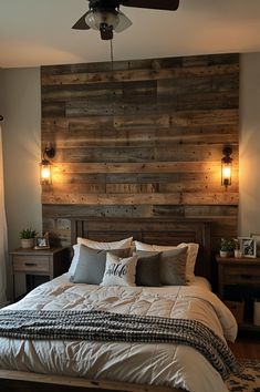 a bedroom with a wooden headboard and white bedding