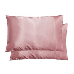 two pillow cases with pink satin sheets