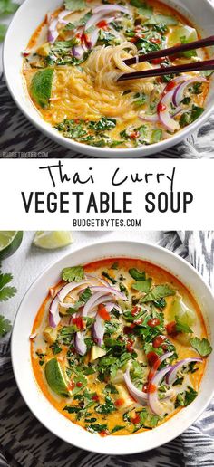 thai curry vegetable soup in two bowls with chopsticks on the side and an image of