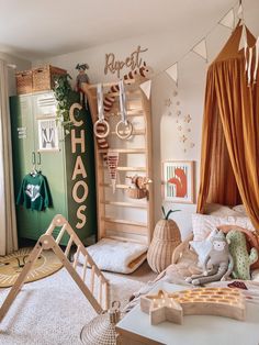 a child's bedroom decorated in neutral colors