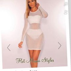 White Dress Summer Long Sleeve Mesh Cocktail Dress, White Mesh Dress For Evening, White Mini Bodycon Dress For Party, White Mini Length Bodycon Dress For Party, Glamorous White Long Sleeve Bodycon Dress, White Bodycon Mini Dress For Club, White Long Sleeve Mini Dress For Party Season, Chic White Sheer Midi Dress, White Stretch Cocktail Dress