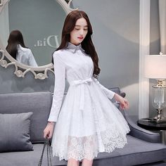 Woman White Snow Ladies New Slim Waist A Chic Long Sleeve Dress For Dress Down Occasions, Feminine Long Sleeve Winter Mini Dress, Feminine Long Sleeve Mini Dress For Winter, White Long Sleeve Dress For Fall, Feminine Long Sleeve Fall Dresses, White Long Sleeve Mini Dress For Casual Wear, White Long Sleeve Dress For Winter, Long Sleeve White Feminine Mini Dress, White Long Sleeve Feminine Mini Dress