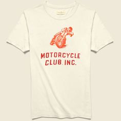 Motorcycle Club Tee - White Biker T Shirt Design, White Hand Printed Crew Neck T-shirt, Hand Printed Graphic Tee With Short Sleeves, Hand Printed Short Sleeve Graphic Tee, White Hand Printed Short Sleeve Tops, Hand Printed Graphic Tee With Crew Neck, Hand Printed Crew Neck Graphic Tee, Vintage Hand Printed Short Sleeve T-shirt, Vintage Hand-printed Short Sleeve T-shirt