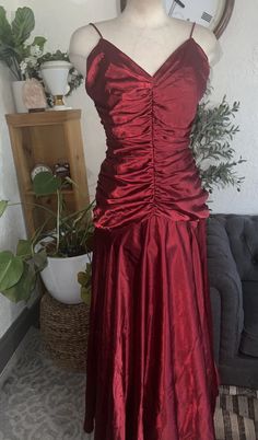 VTG Jessica McClintock Dress Satin Ruched Formal Gown Red Rhinestones USA large | eBay Full-length Gown With Ruched Bodice For Party, Full Length Gown With Ruched Bodice For Party, Fitted Full Length Ruched Evening Dress, Red Ruched Satin Evening Dress, Red Sleeveless Maxi Dress With Ruched Bodice, Red Fitted Dress With Ruched Back, Elegant Red Ruched Gown, Red Prom Dress With Ruched Back, Red Satin Dress With Pleated Bodice